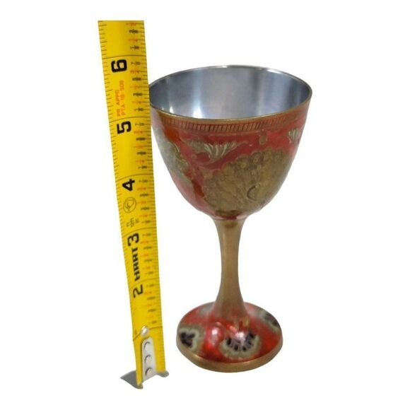 Vintage Enamel Hand Painted Etched Brass Cloisonne Peacock Wine Goblet India Red - Picture 8 of 8